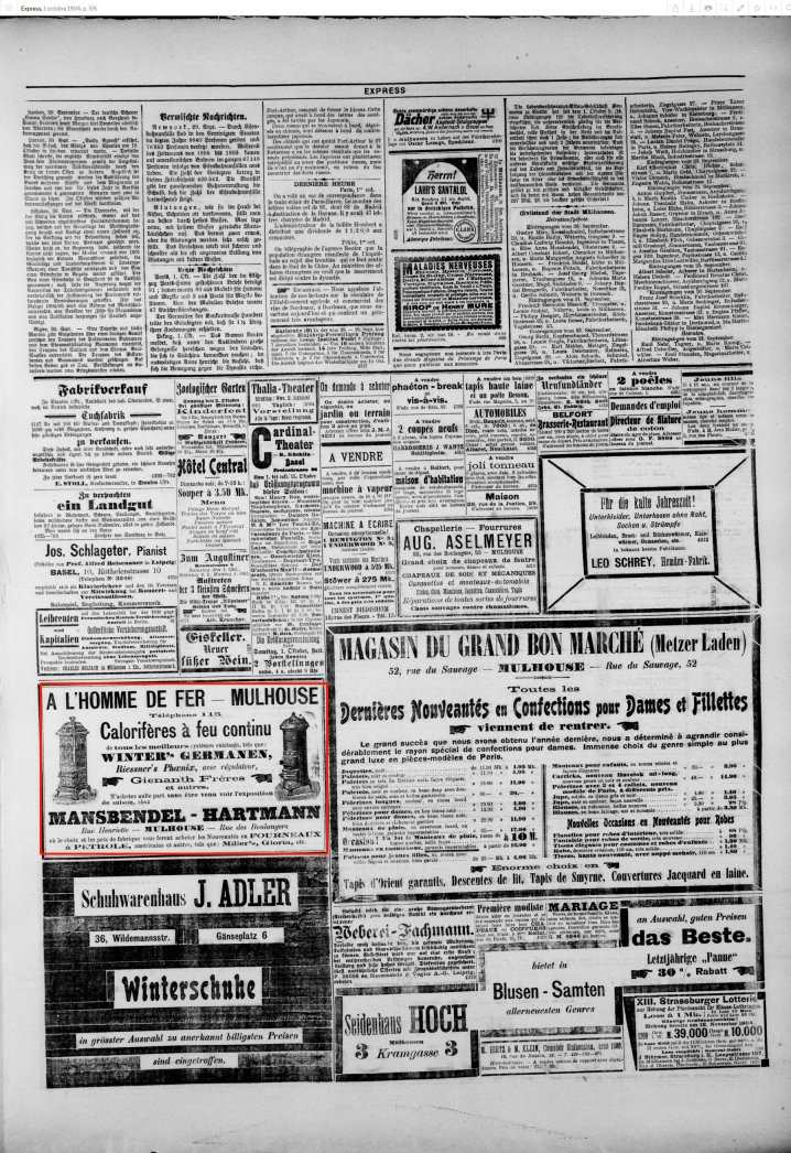 Journal L'Express de Mulhouse du 1er octobre 1904 (p.3) : calorifères à feu continu.